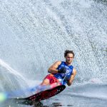 CALGARY, ALBERTA, CANADA - AUGUST 4:   Louis Duplan-Fribourg of France slalom skis during familiarization of the Calgary Cup water ski championships at the Predator Bay Water Ski Club on August, 4, 2023 in Calgary, Alberta, Canada. (Photo by Johnny Hayward/Getty Images)